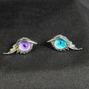 Winged Cat Eye Stud Earring Purple Blue Fantasy Jewelry Silver Tone Cosplay Goth